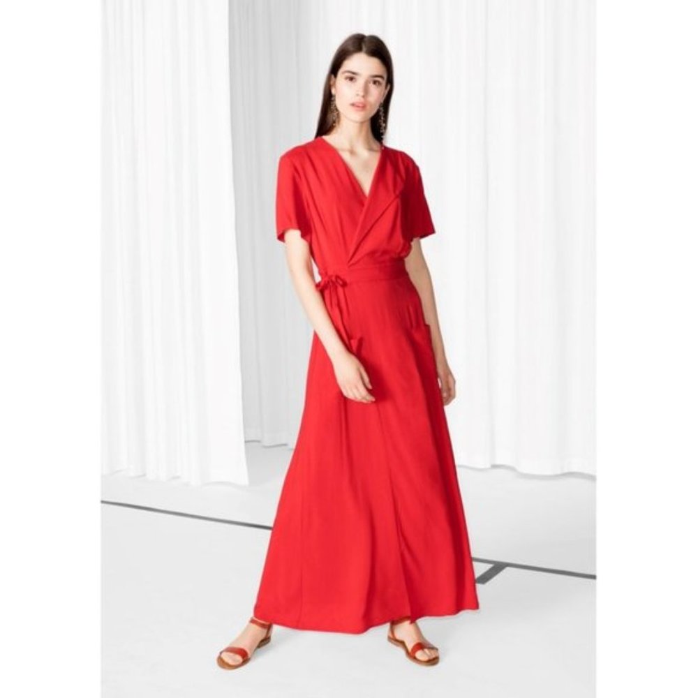 & Other Stories Red Wrap Midi Maxi Short Sleeve Dress